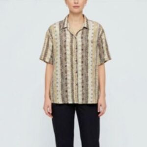Cote De France Womens Earth Tone Tribal 100% Silk SS VTG Button-Up Shirt Sz 2X